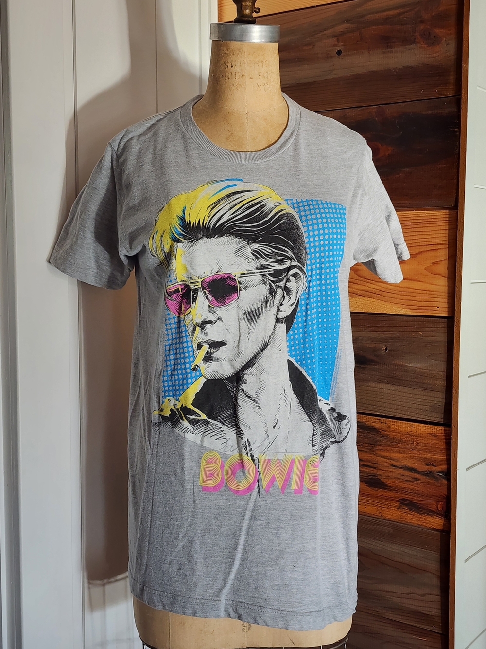 Gray David Bowie Graphic Short Sleeve Tee with Pink and Yellow Accents